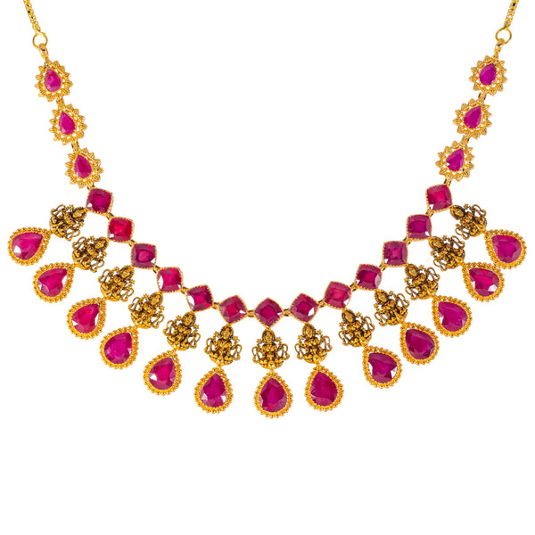 22k Yellow Gold & Ruby Temple Necklace Set (54.8gm) | 


Virani Jewelers presents a gorgeous temple-style 22k gold necklace and earring set, a harmonio...