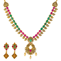22k Antique Gold, Gem, & Pearls Necklace Set (60.1gm)