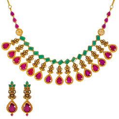 22k Yellow Gold, Emerald & Ruby Necklace Set (76.4gm)