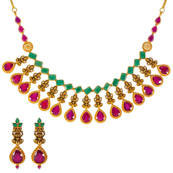 22k Yellow Gold, Emerald & Ruby Necklace Set (76.4gm) | 


Indulge in the allure of Virani Jewelers' 22k gold jewelry with this radiant necklace and earr...