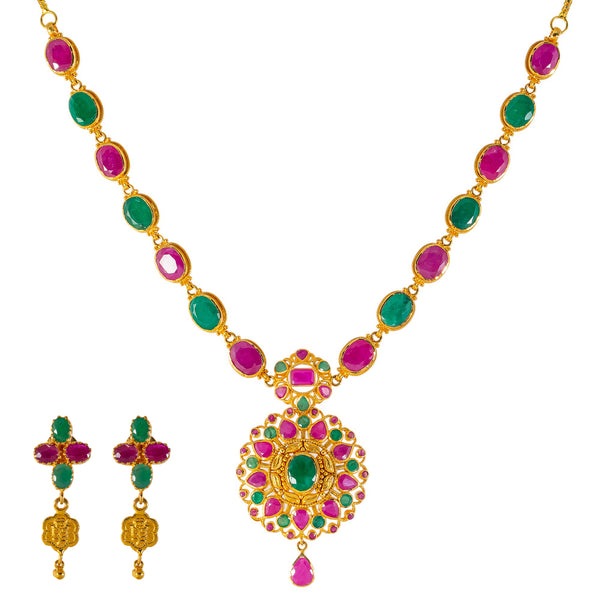 22k Yellow Gold & Gemstone Necklace Set (44gm) | 


Adorn your neck and ears with this opulent 22k gold necklace and earring set, a tribute to Ind...