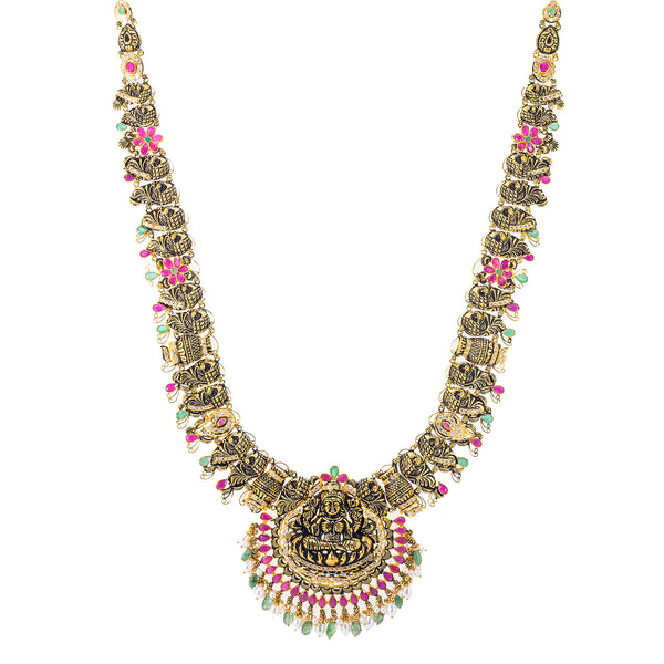 22K Antique Gold, Gemstone, Pearl & CZ Temple Jewelry Set (87.6gm) | 


Virani Jewelers' 22k antique gold and gemstone temple jewelry set, a true masterpiece of India...