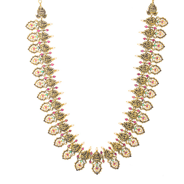 22K Antique Gold, Gemstone, Pearl & CZ Temple Jewelry Set (106.1gm) | 


Elevate your traditional or cultural looks with this stunning 22k antique gold and gemstone te...