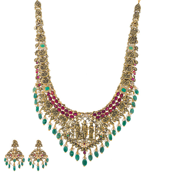 22K Antique Gold, Gemstone, Pearl & CZ Temple Jewelry Set (132.7gm) | 


Virani Jewelers presents a true marvel of craftsmanship - this 22k antique gold and gemstone j...