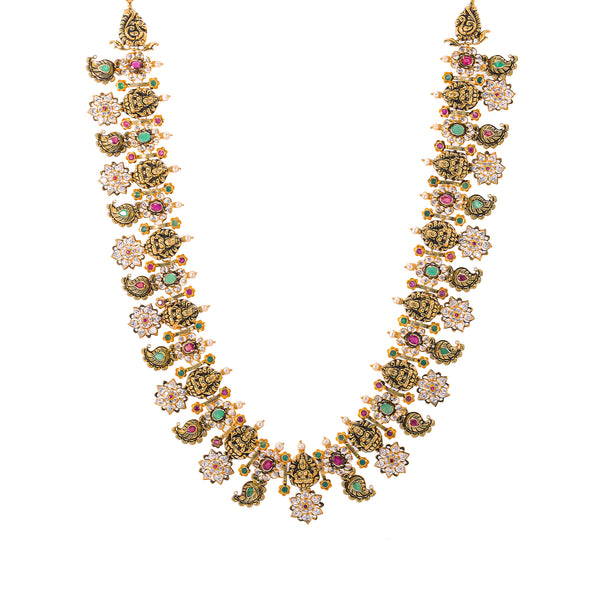 22K Antique Gold, Gemstone, Pearl & CZ Temple Jewelry Set (99.5gm) | 


Indulge in opulence with Virani Jewelers' 22k antique gold and gemstone temple jewelry Necklac...