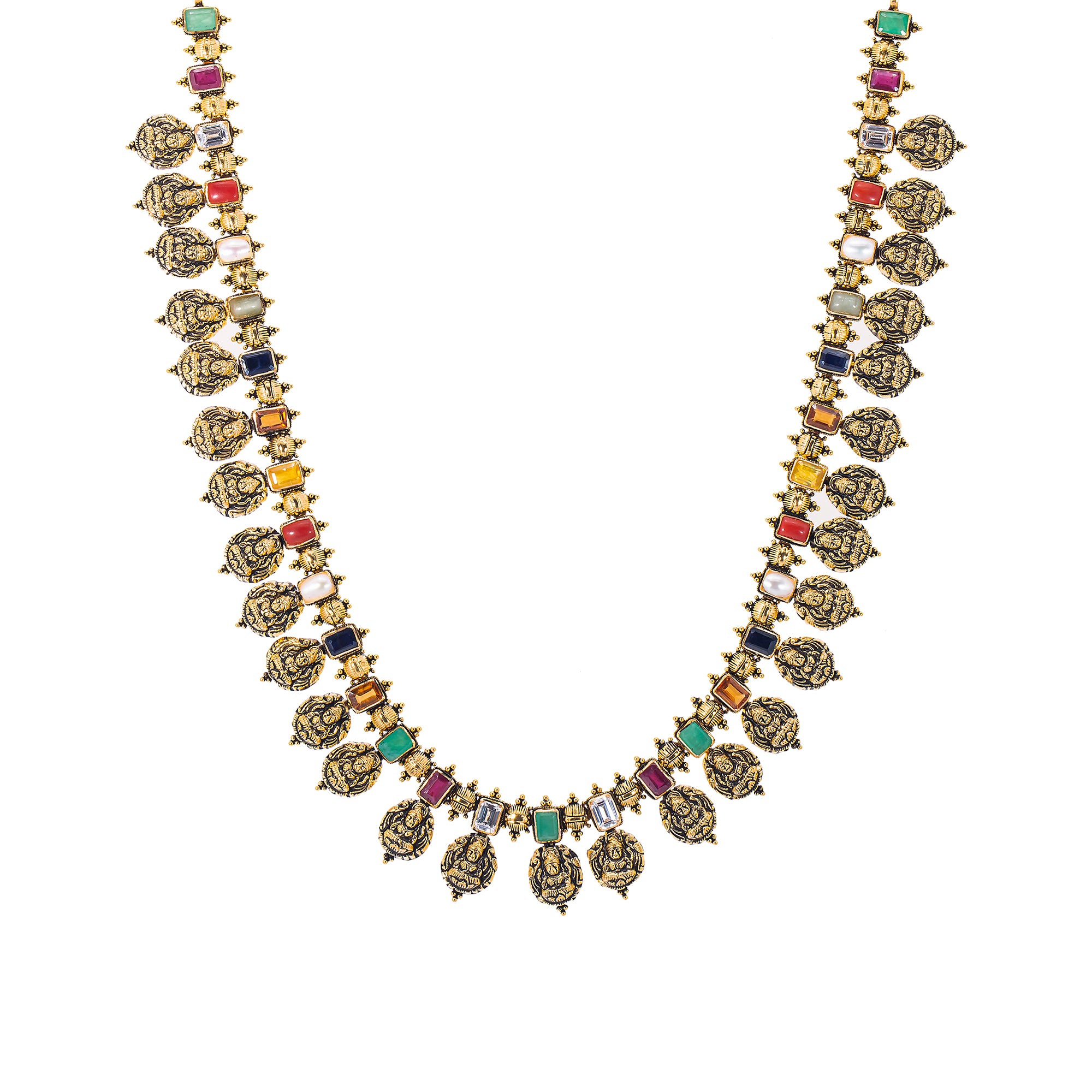 Virani Jewelers 22K Antique Gold Kundan Gemstone Pearl CZ Temple Jewelry Set 74.1gm