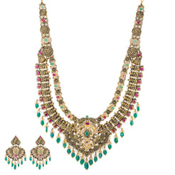 22K Antique Gold, CZ, Ruby & Emerald Peacock Temple Jewelry Set (137.5gm)