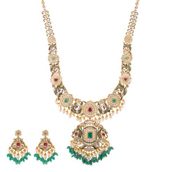 22K Antique Gold, CZ, Ruby, Pearl & Emerald Peacock Jewelry Set (158.5gm)