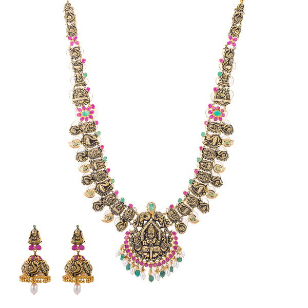 22K Antique Gold, CZ, Ruby, Pearl & Emerald Temple Jewelry Set (87.9gm) | 


Celebrate divine radiance of temple jewelry with Virani Jewelers' 22k antique gold and gemston...