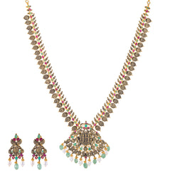 22K Antique Gold, Ruby, Pearl & Emerald Temple Jewelry Set (70.2gm)