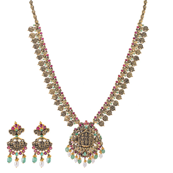 22K Antique Gold, Ruby, Pearl & Emerald Temple Jewelry Set (76.6gm) | 


Virani Jewelers presents a masterpiece of traditional jewelry - the 22k antique gold and gemst...