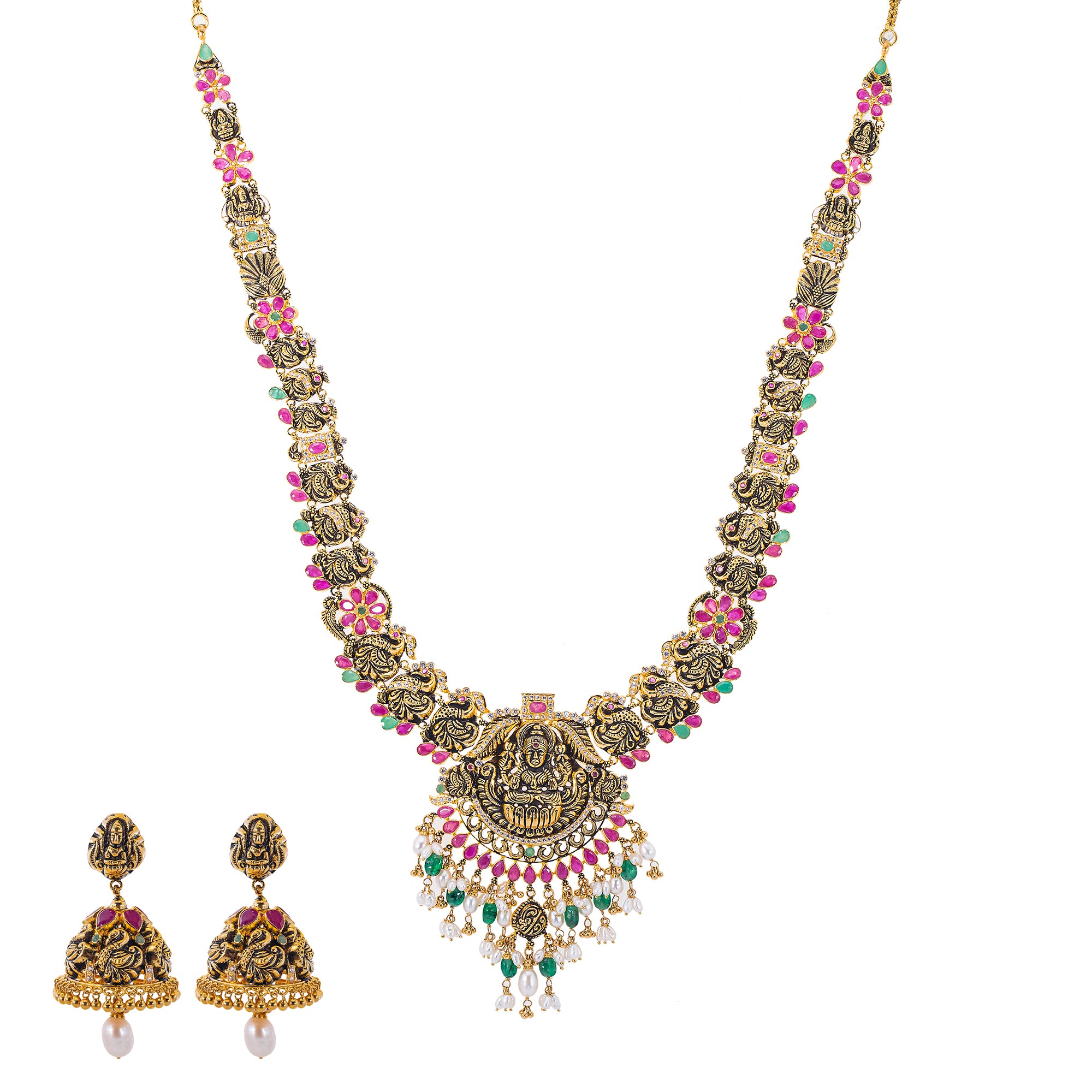 22K Antique Gold CZ Ruby Pearl Emerald Temple Jewelry Set
