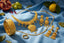 Gold jewelry set including necklace, earrings, and bangles on a blue fabric background with fruits.