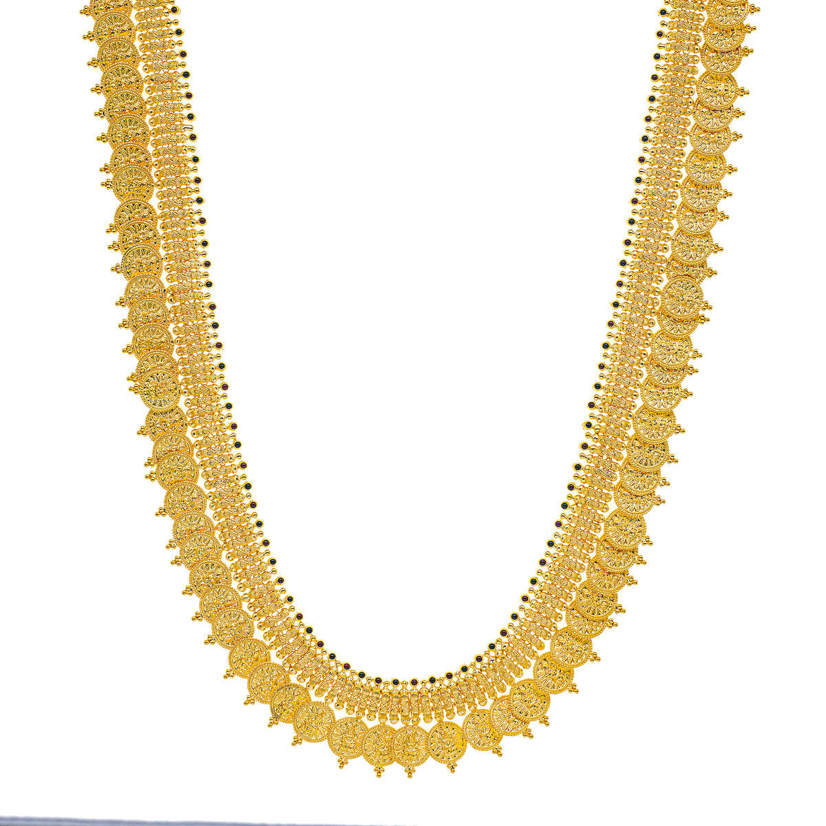 22K Yellow Gold Temple Kasu Necklace w/ Emeralds & Ruby (61.6gm ...