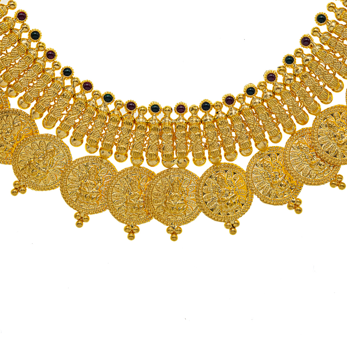 22K Yellow Gold Temple Kasu Necklace w/ Emeralds & Ruby (61.6gm ...