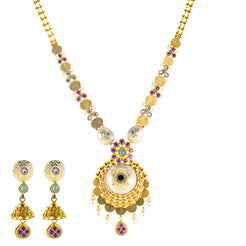 22K Yellow Gold Bridal Necklace Set w/ CZ, Emerald & Ruby (76.2gm)
