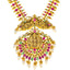 22K Antique Yellow Gold Temple Necklace w/ Emerald, Pearls & Ruby (69.8gm)