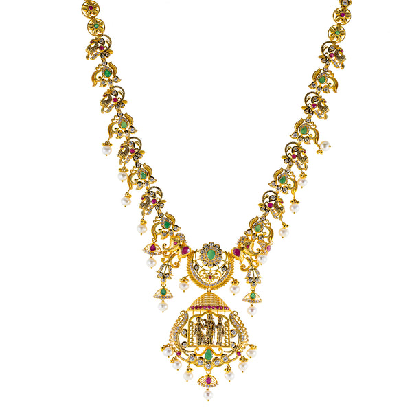22K Antique Yellow Gold Temple Necklace w/ Emerald, Pearl & Ruby (83.8gm) | 



Virani Jewelers presents a stunning 22k antique gold Temple necklace, inspired by the grandeu...