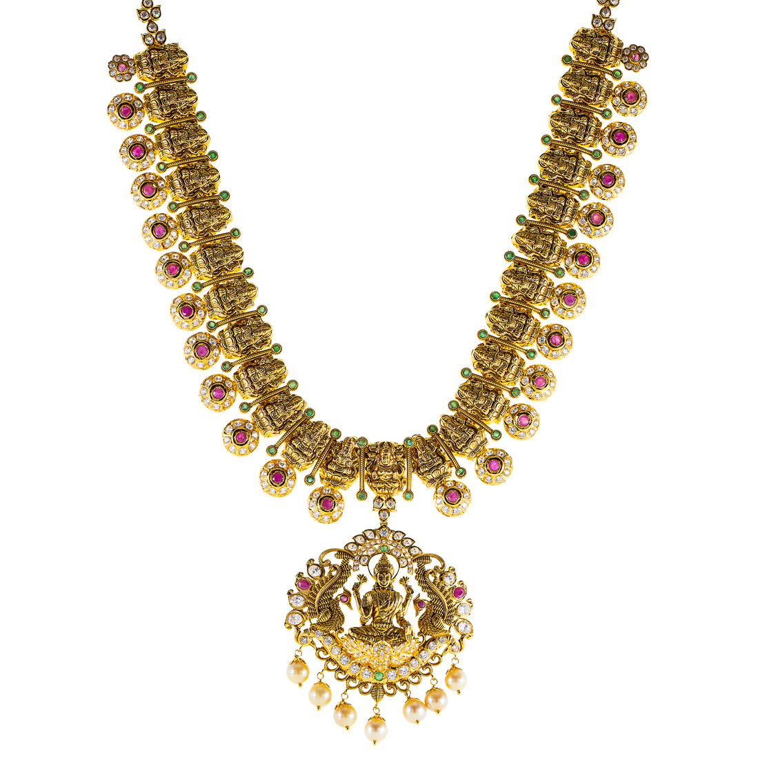 22K Antique Gold Lakshmi Necklace w CZ Emerald Ruby Pearl 111.7g