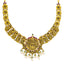 22K Antique Yellow Gold Laksmi Temple Necklace w/ CZ, Pearls, Emerald & Ruby (33.4gm)