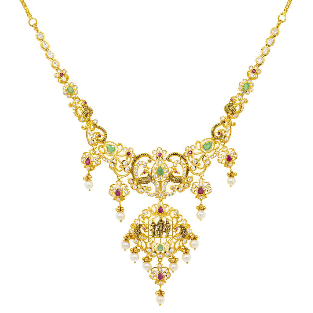 22K Yellow Gold 20 Inch Temple Necklace w Emerald Ruby Pearls CZ 50.1gm
