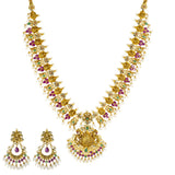22K Antique Gold, Emerald, Ruby, Pearl, and CZ Temple Necklace Set (141.2gm) | 



Adorn yourself with the splendor of traditional Indian jewelry craftsmanship on your wedding ...