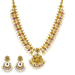 22K Antique Gold, Emerald, Ruby, Pearl, and CZ Temple Necklace Set (141.2gm)