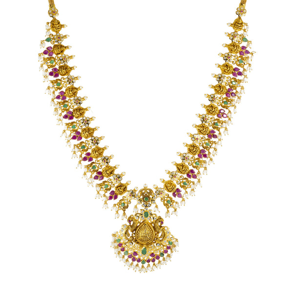 22K Antique Gold, Emerald, Ruby, Pearl, and CZ Temple Necklace Set (141.2gm) | 



Adorn yourself with the splendor of traditional Indian jewelry craftsmanship on your wedding ...