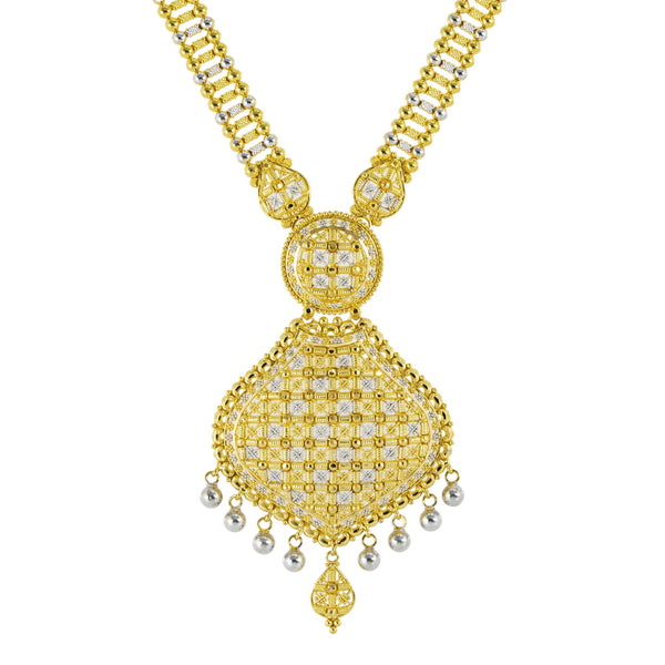 22K Yellow & White Gold Bridal Necklace Set (62.9gm) | 



Make a bold statement on your most special day with this stunning 22k yellow and white gold n...
