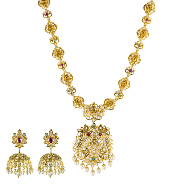 22K Antique Gold, Emerald, Ruby, Pearl, and CZ Temple Necklace Set (136.9gm) | 



Elevate your bridal ensemble with this elegant 22k yellow gold and gemstone necklace and earr...