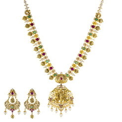 22K Antique Gold, Emerald, Ruby, Pearl, and CZ Temple Necklace (95.5gm)