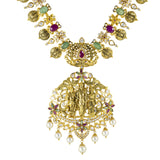 22K Antique Gold, Emerald, Ruby, Pearl, and CZ Temple Necklace (95.5gm) | 



Adorn yourself with the elegance of gold temple jewelry craftsmanship by wearing this exquisi...