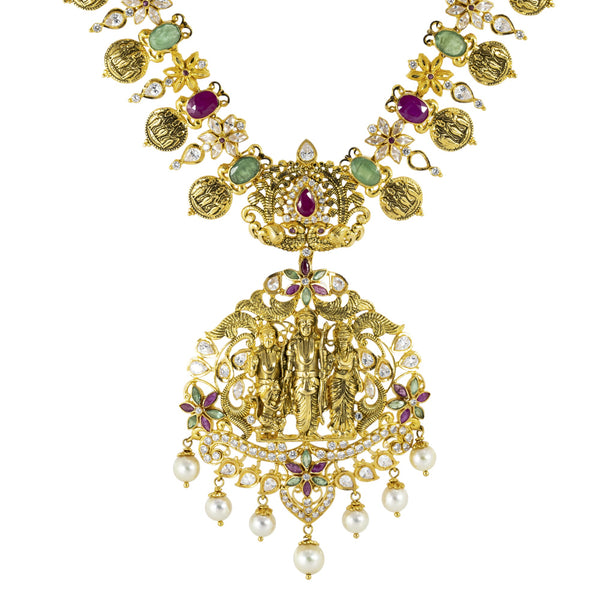 22K Antique Gold, Emerald, Ruby, Pearl, and CZ Temple Necklace (95.5gm) | 



Adorn yourself with the elegance of gold temple jewelry craftsmanship by wearing this exquisi...