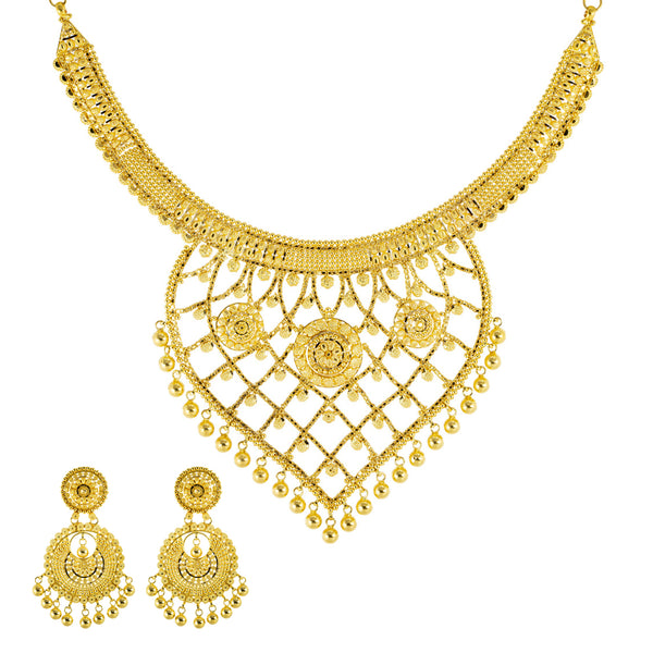 22K Yellow Gold Bridal Necklace Set (66.8gm) | 



Add a touch of sophistication to your bridal look with this 22k yellow gold necklace and earr...