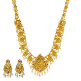 22K Yellow Gold, Emerald, Ruby, Pearl, and CZ Temple Necklace (104.1gm) | 



Elevate your bridal ensemble with this radiant 22k gold temple necklace and earrings set by V...