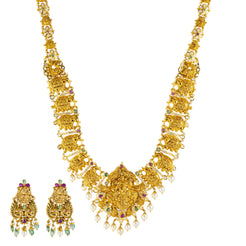 22K Yellow Gold, Emerald, Ruby, Pearl, and CZ Temple Necklace (104.1gm)