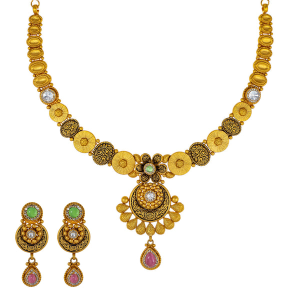 22K Antique Gold Jewelry Set w/ CZ, Kundan, Emerald, & Ruby (32.8gm) | Immerse yourself in the opulent charm of this 22k antique gold jewelry set by Virani Jewelers. Th...