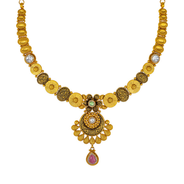 22K Antique Gold Jewelry Set w/ CZ, Kundan, Emerald, & Ruby (32.8gm) | Immerse yourself in the opulent charm of this 22k antique gold jewelry set by Virani Jewelers. Th...
