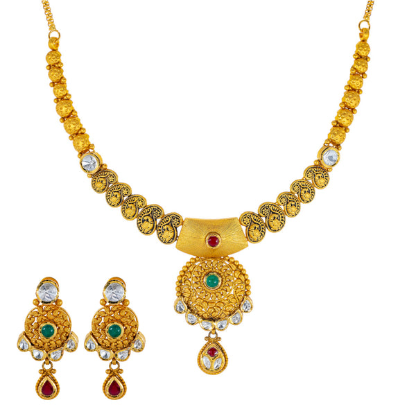 22K Antique Gold Jewelry Set w/ Kundan, Emerald, & Ruby (36.6gm) | 



Embrace the rich heritage of Indian craftsmanship with this exquisite 22k antique gold jewelr...
