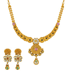 22K Antique Gold Jewelry Set w/ Kundan, Emerald, Ruby, & Sapphire (37.5gm)