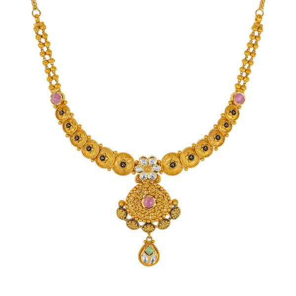 22K Antique Gold Jewelry Set w/ Kundan, Emerald, Ruby, & Sapphire (37.5gm) | 



Adorn yourself with the splendor of this beautiful 22k antique gold jewelry set by Virani Jew...