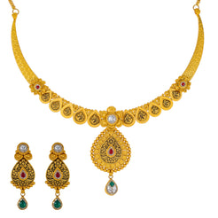22K Antique Gold Jewelry Set w/ CZ, Kundan, Emerald & Ruby (36.6gm)