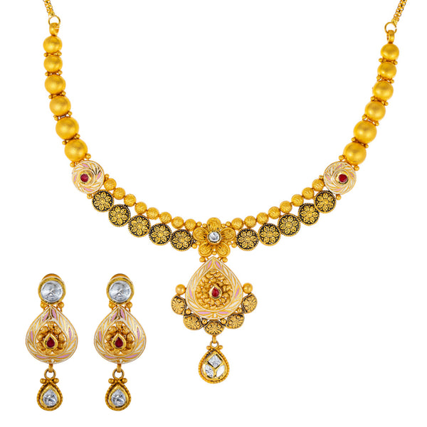 22K Antique Gold Jewelry Set w/ Kundan & Ruby (33.4gm) | 



Immerse yourself in luxury with this exquisite 22k antique gold jewelry set by Virani Jeweler...