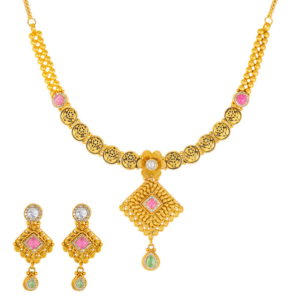 22K Antique Gold Jewelry Set w/ CZ, Emerald & Ruby (32.6gm) | 



Make a bold statement with this stunning 22k antique gold jewelry set by Virani Jewelers. Fea...