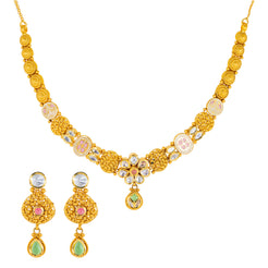 22K Antique Gold Jewelry Set w/ Kundan, Emerald & Ruby (31.5gm)