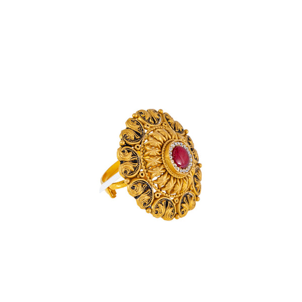 22K Antique Gold, CZ & Ruby Cocktail Ring (9.4gm) | 



Immerse yourself in the enchanting beauty of this 22k antique gold cocktail ring by Virani Je...