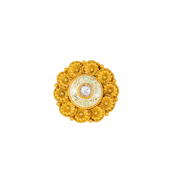 22K Antique Gold, CZ & Kundan Cocktail Ring (7.4gm) | 



Indulge in luxury with this exquisite 22k antique gold cocktail ring by Virani Jewelers. Meti...