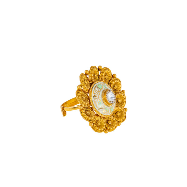 22K Antique Gold, CZ & Kundan Cocktail Ring (7.4gm) | 



Indulge in luxury with this exquisite 22k antique gold cocktail ring by Virani Jewelers. Meti...