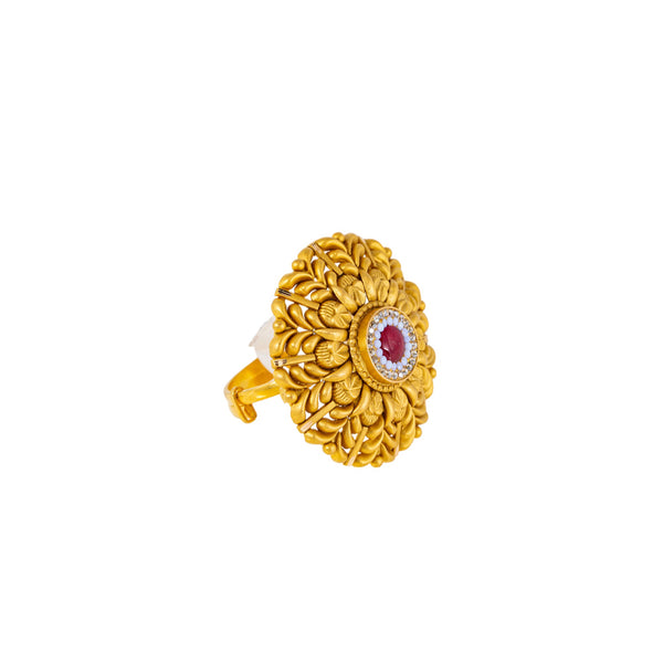22K Antique Gold, CZ & Ruby Cocktail Ring (10.1gm) | 



Make a bold statement with this stunning 22k antique gold cocktail ring by Virani Jewelers. W...