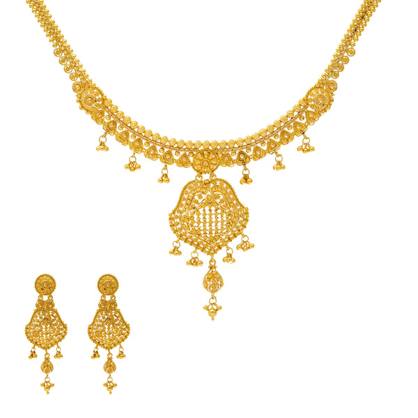 22K Yellow Gold Beaded Necklace Set (37.3gm) | 



Indulge in luxury with this stunning 22k gold necklace and earring set by Virani Jewelers. Wi...